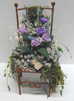 Dollhouse Miniature Iron Chair/Floral Arrangement